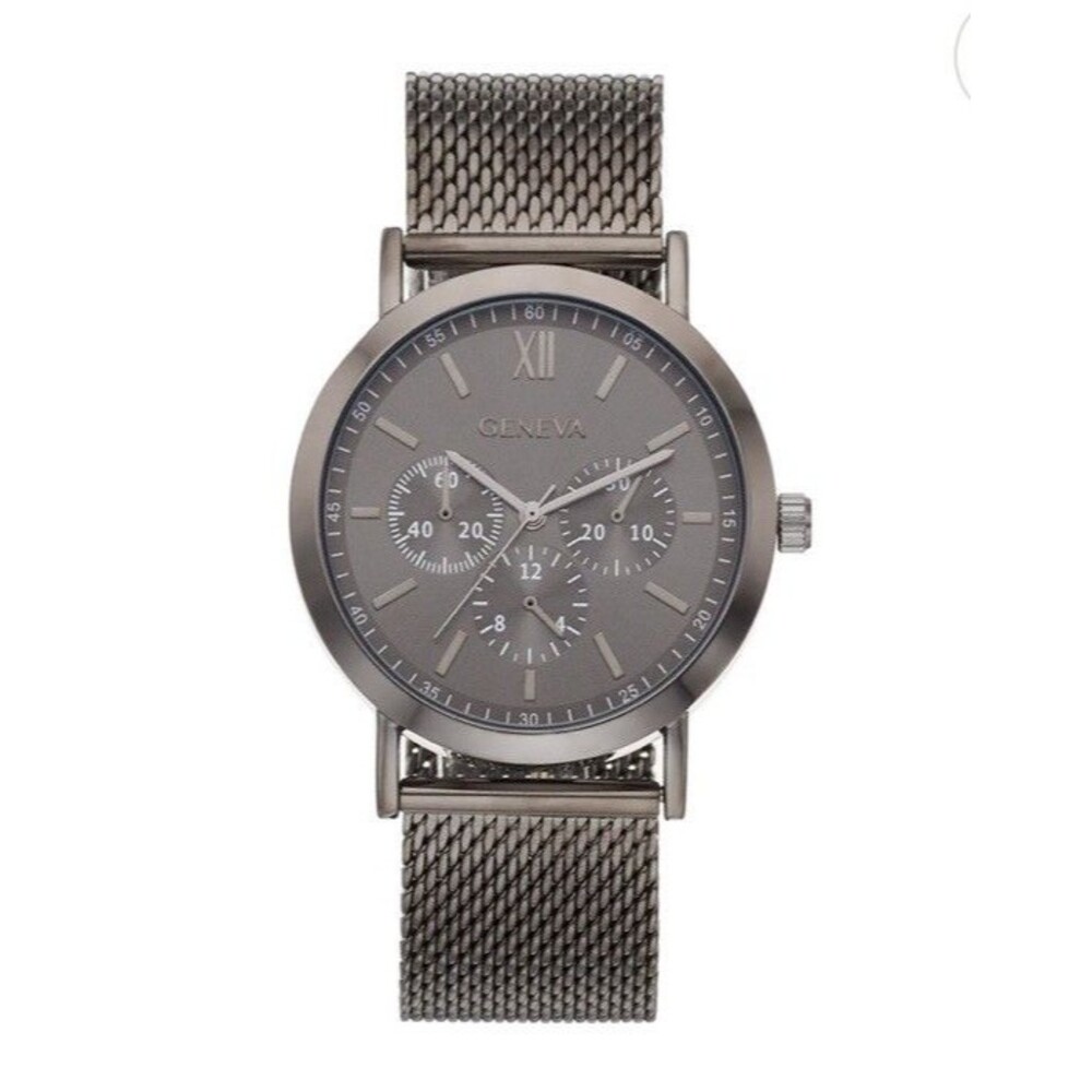 Geneva Mens Mesh Watch Black Silver NIB Dress